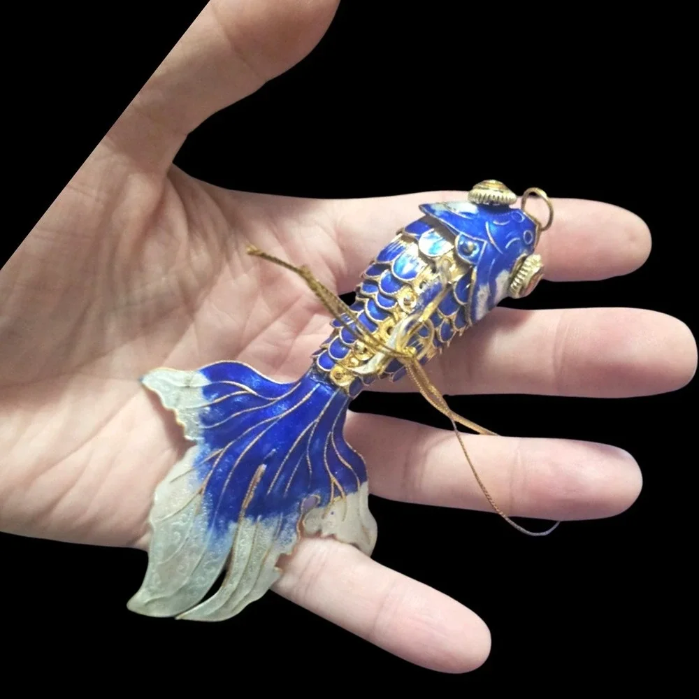 Blue Gold Cloisonne Ornament Figurine 4.5 Inch Beta Fish Design Movement - Picture 3 of 6